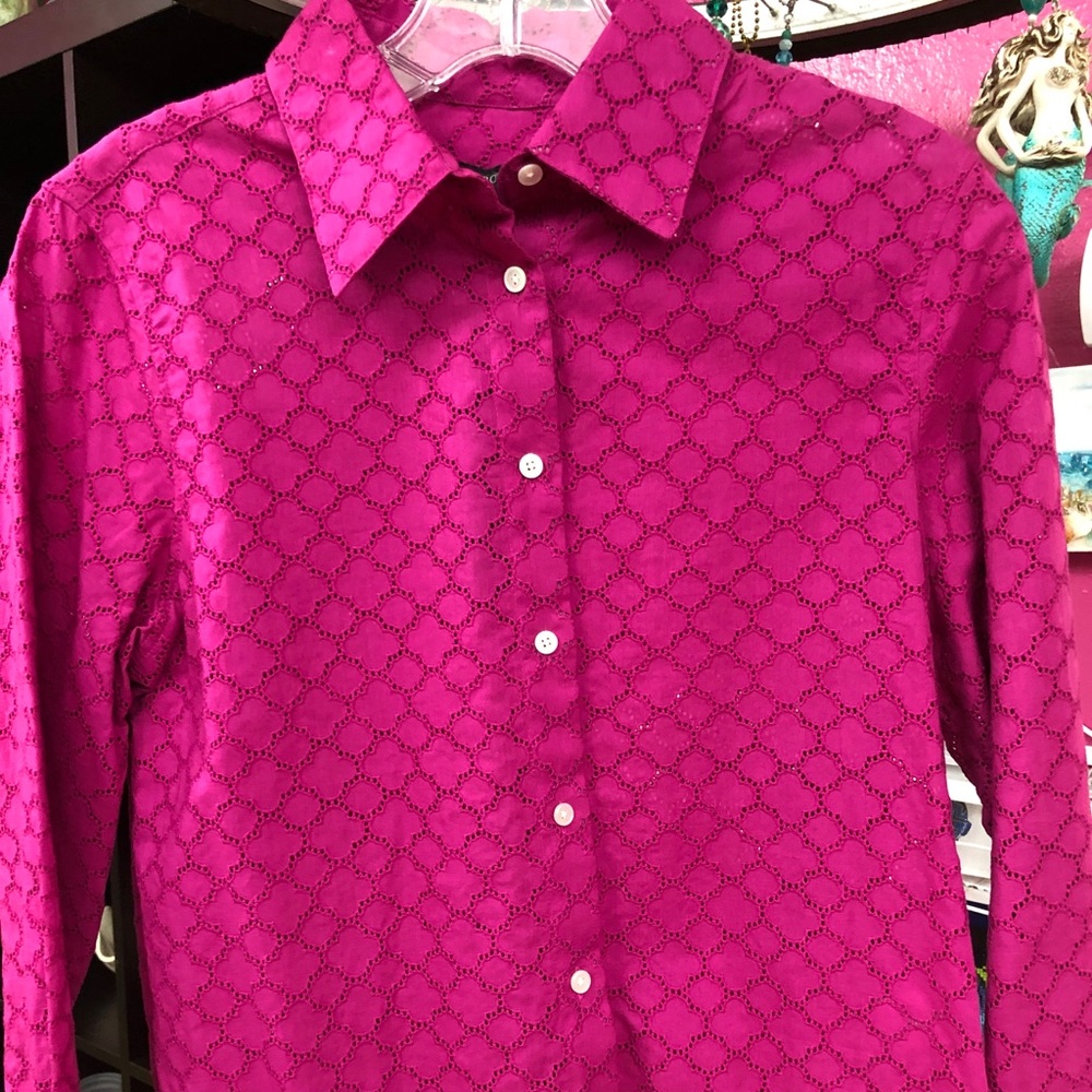 Talbots fushia crochet look long sleeve blouse-PS